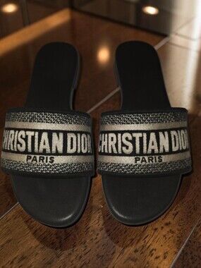 Dior Women's Black and Cream Sandals Deway Slides